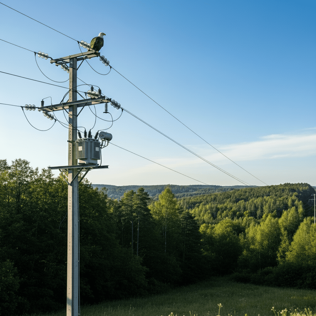 Ave posada sobre una línea eléctrica de media tensión en zona forestal, ilustrando la necesidad de protección antifauna para evitar contactos con equipos energizados.