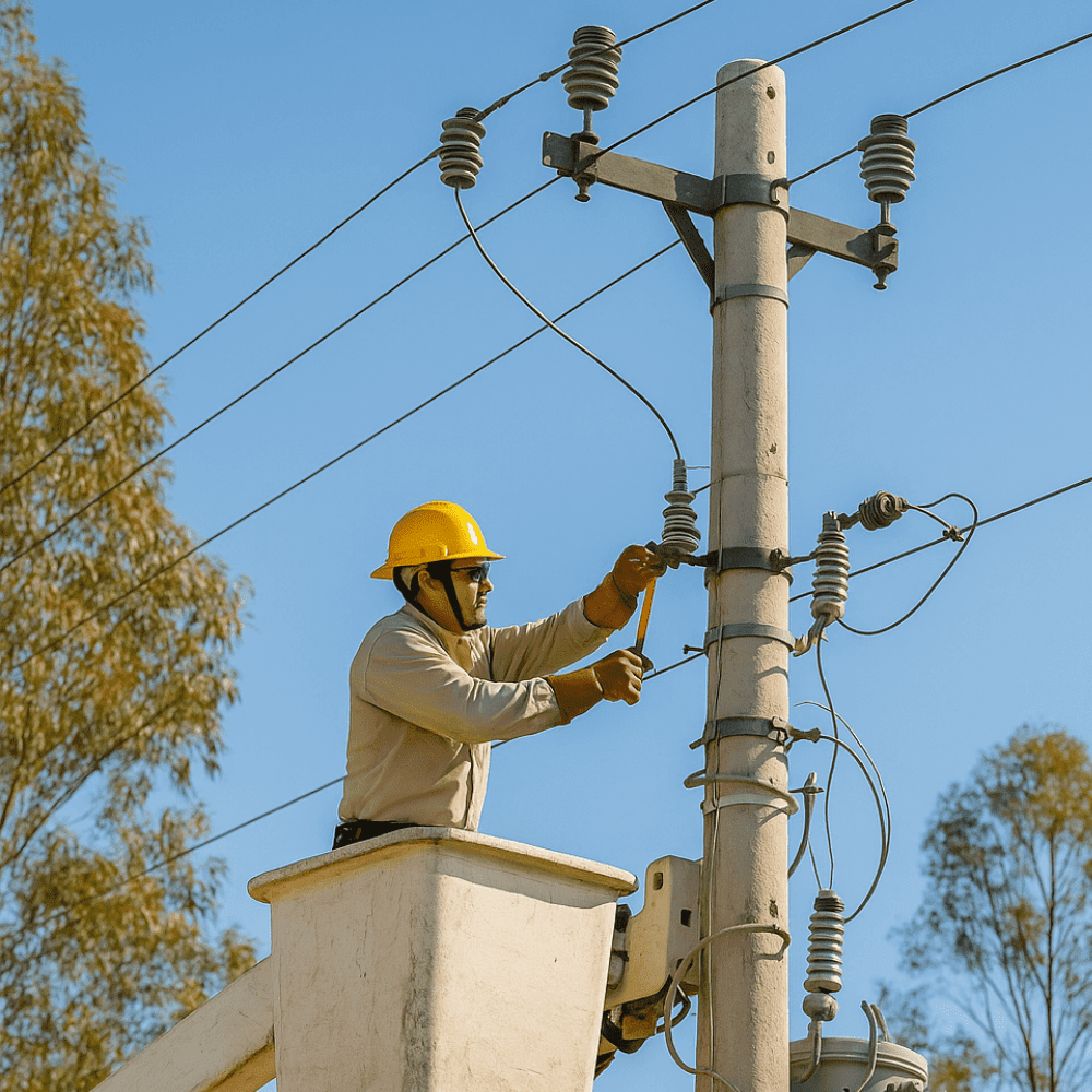 Liniero realizando mantenimiento en poste de media tensión con transformador, imagen representativa de instalaciones aéreas donde se aplica protección antifauna.