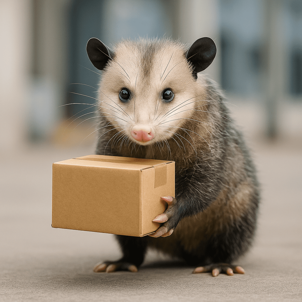 Zarigüeya sosteniendo un paquete pequeño, imagen ilustrativa para la sección de compras, disponibilidad y envíos de Aleedma.